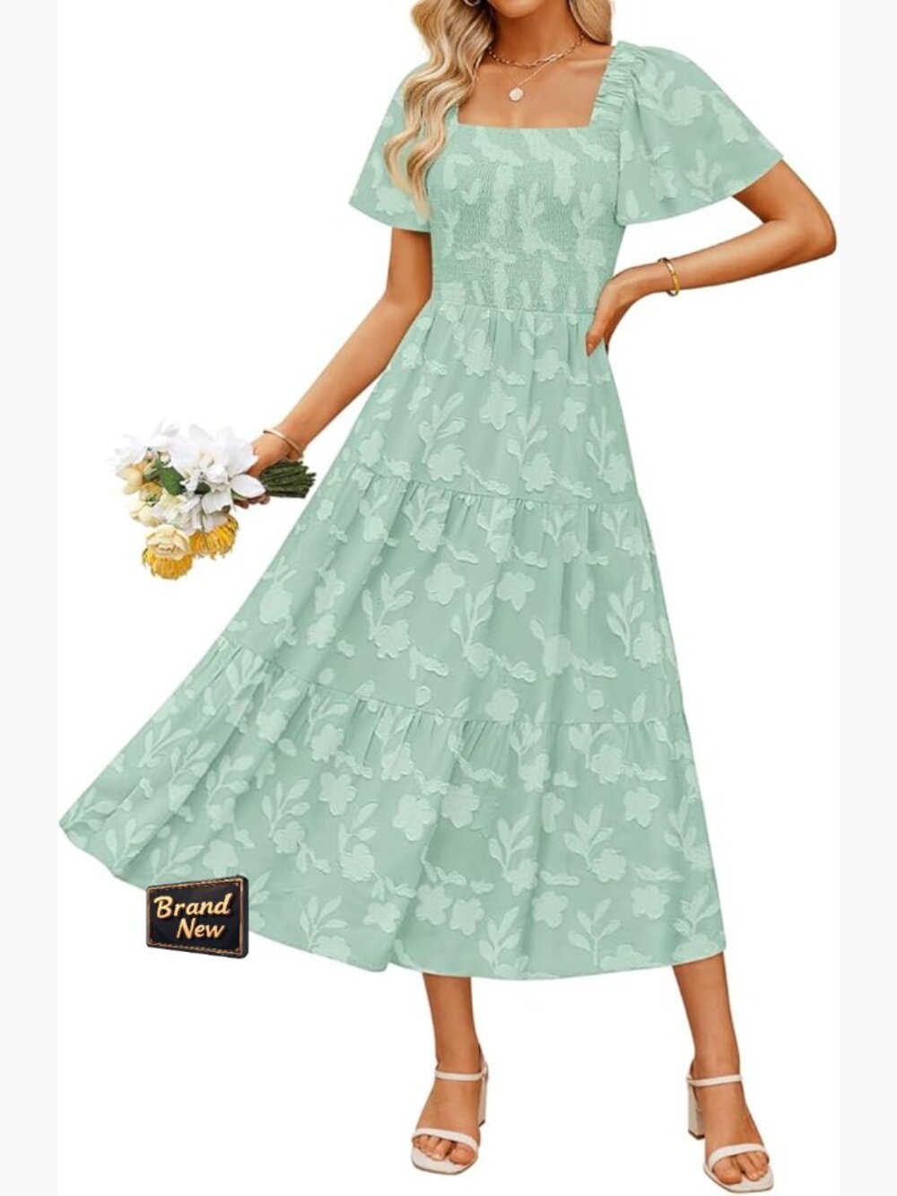 Boho Floral Midi Dress Square Neck Short Sleeve Summer